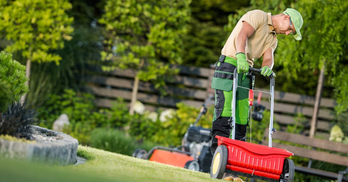 A professional-looking man is fertilizing a lawn. You can see a mower, a fence, and some trees in the background.